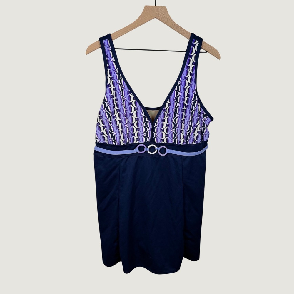 Inches Off Swimwear Navy Blue Purple Geometric Swim Dress Size 20W Retro Style